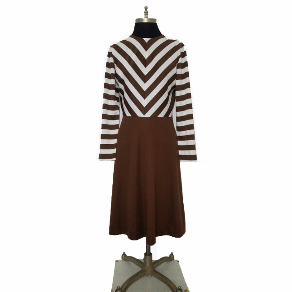 Vtg 70s Striped Top Solid Skirt Dress 12